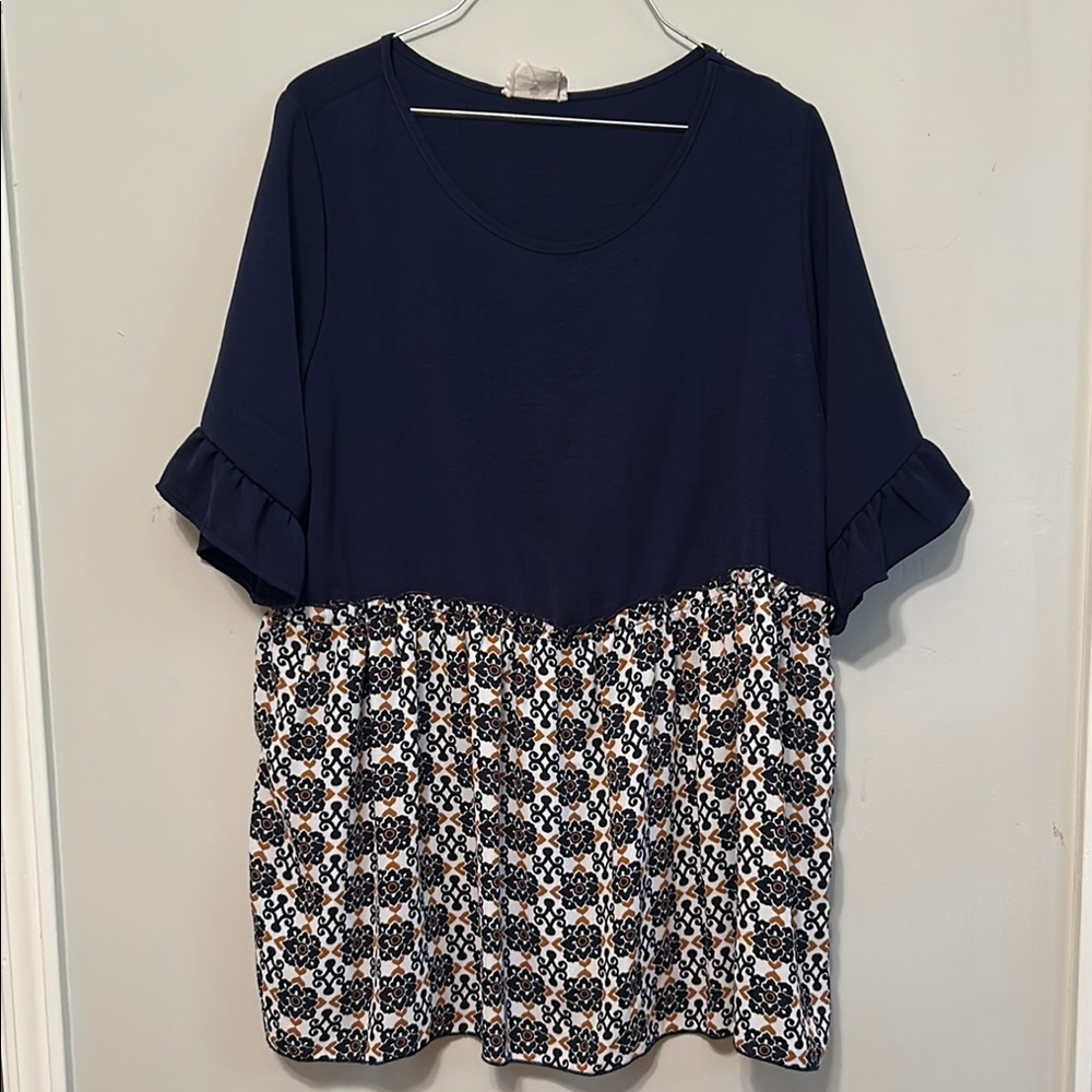 Betsey’s Boutique Shop Blue and Cream Ruffled Boxy Blouse